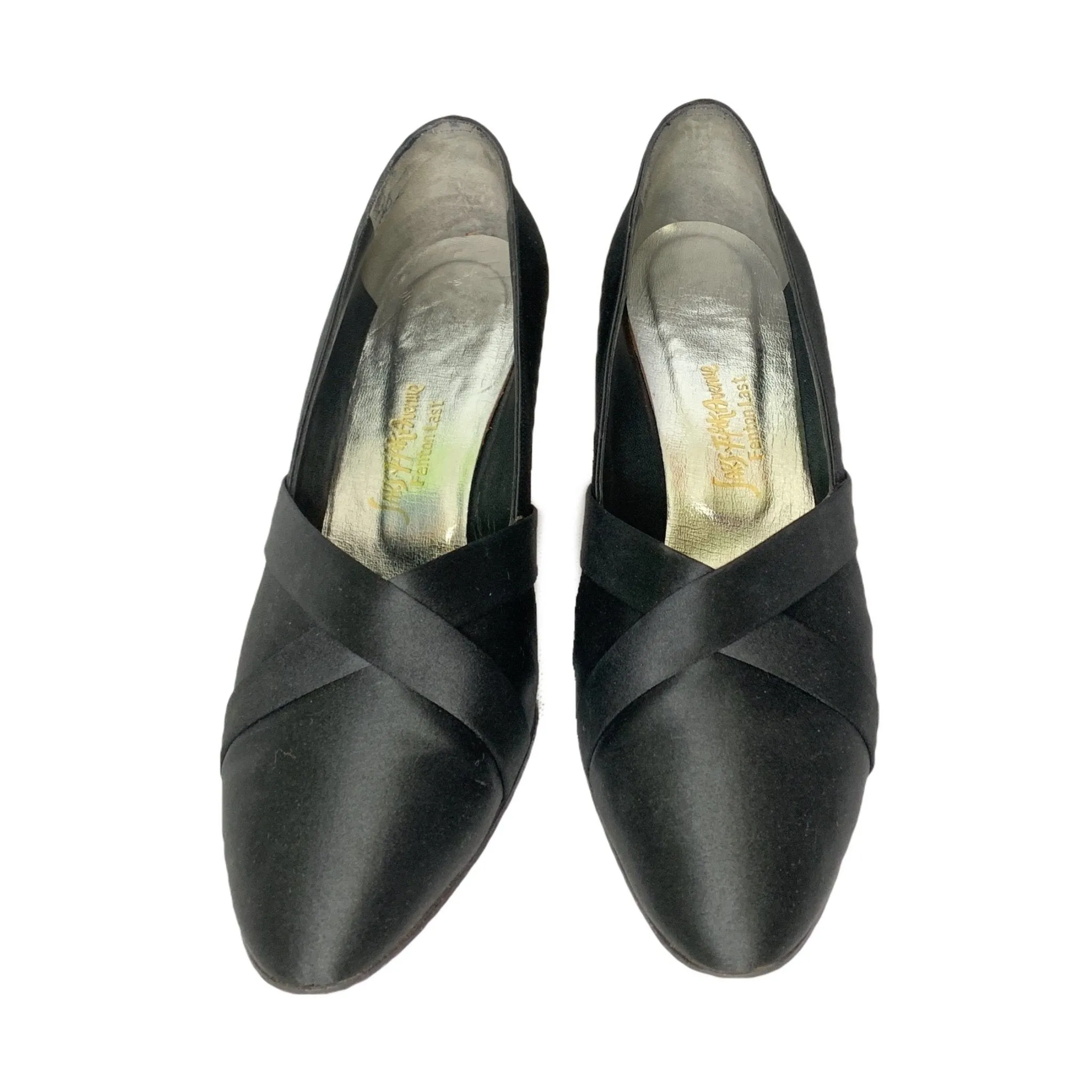 1960s Black Kitten Heel Pumps in Black Satin with a Lucite Heel. Made for Saks Fifth Avenue.