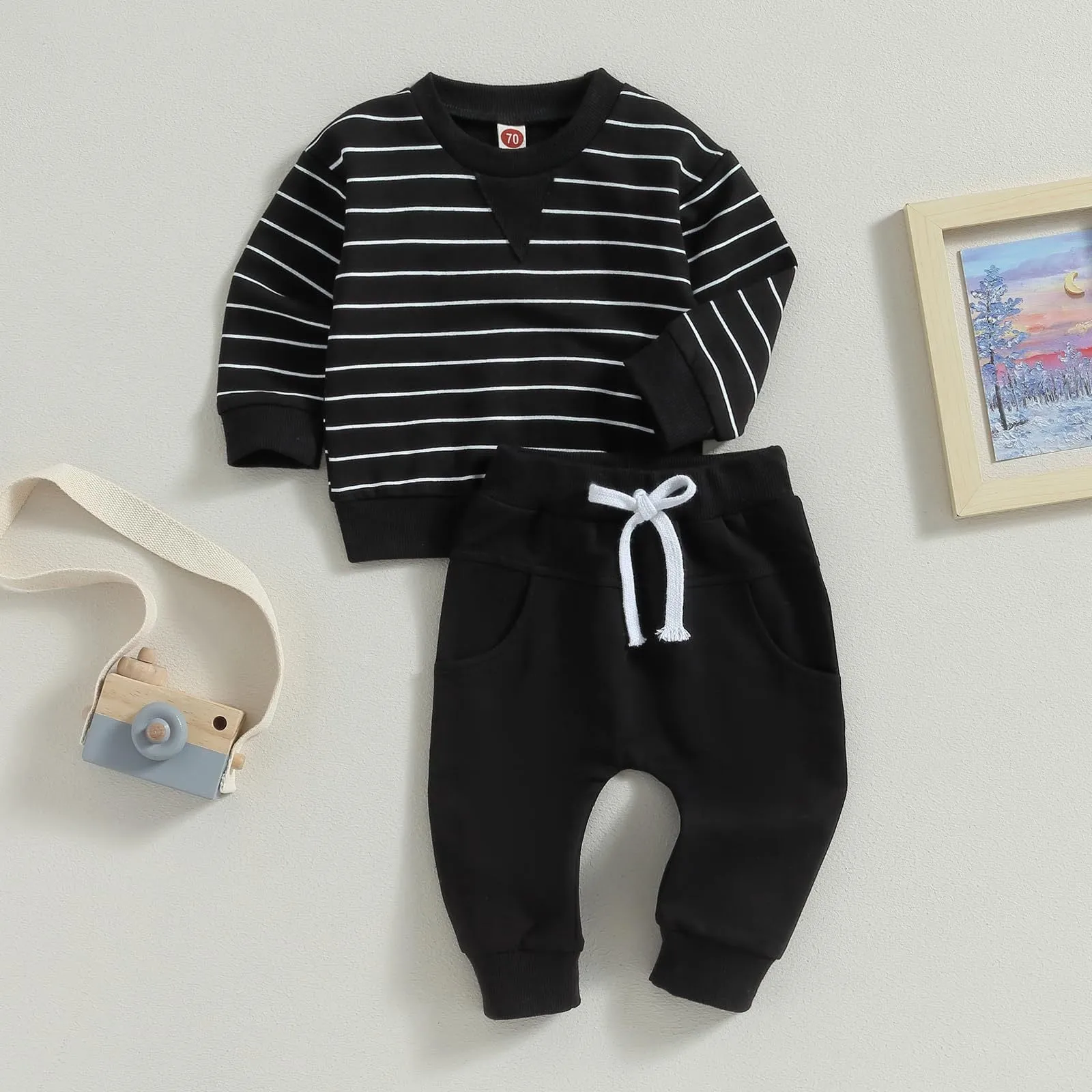 2 Pieces Set Baby Kid Boys Striped Tops And Solid Color Pants Wholesale 231130315