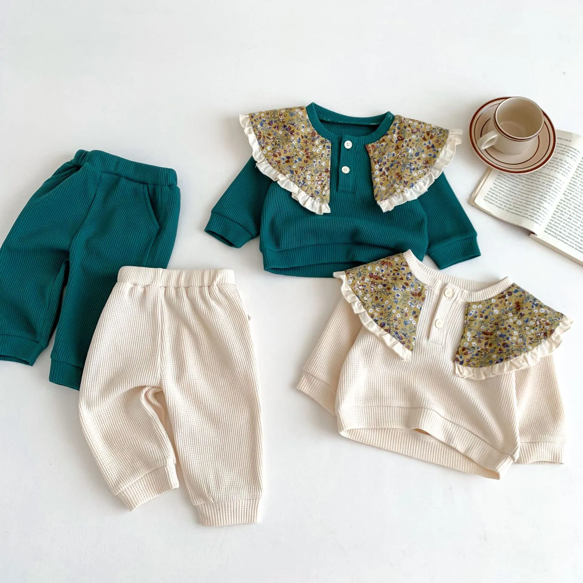 2 Pieces Set Baby Kid Girls Flower Tops And Solid Color Pants Wholesale 23101916