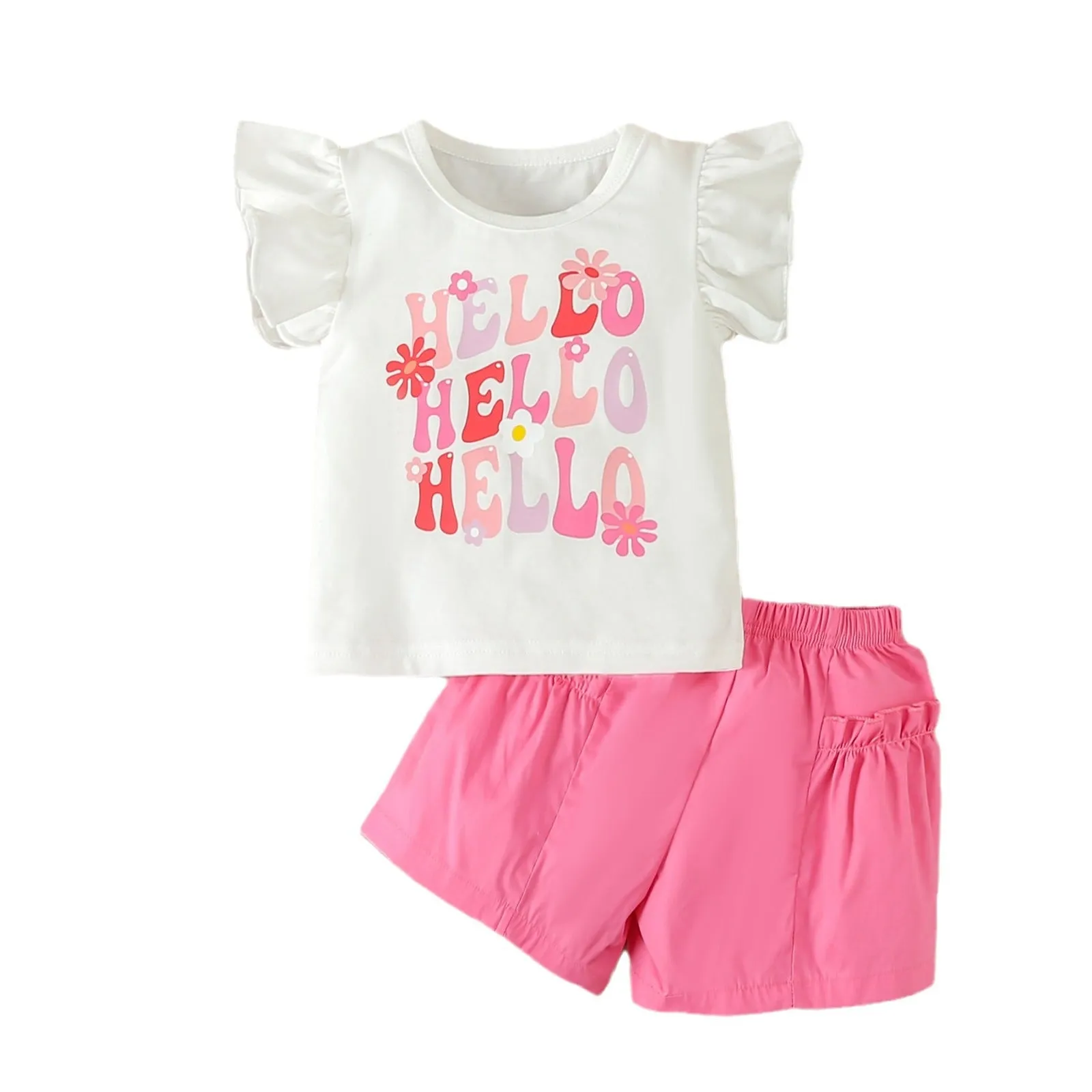 2 Pieces Set Baby Kid Girls Letters Tops And Solid Color Shorts Wholesale 24030185