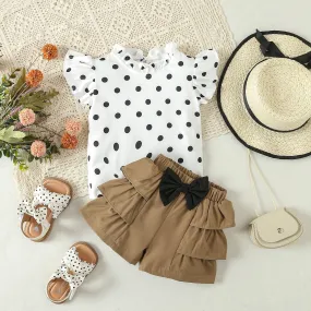 2 Pieces Set Baby Kid Girls Polka dots Tops And Solid Color Shorts Wholesale 24030187