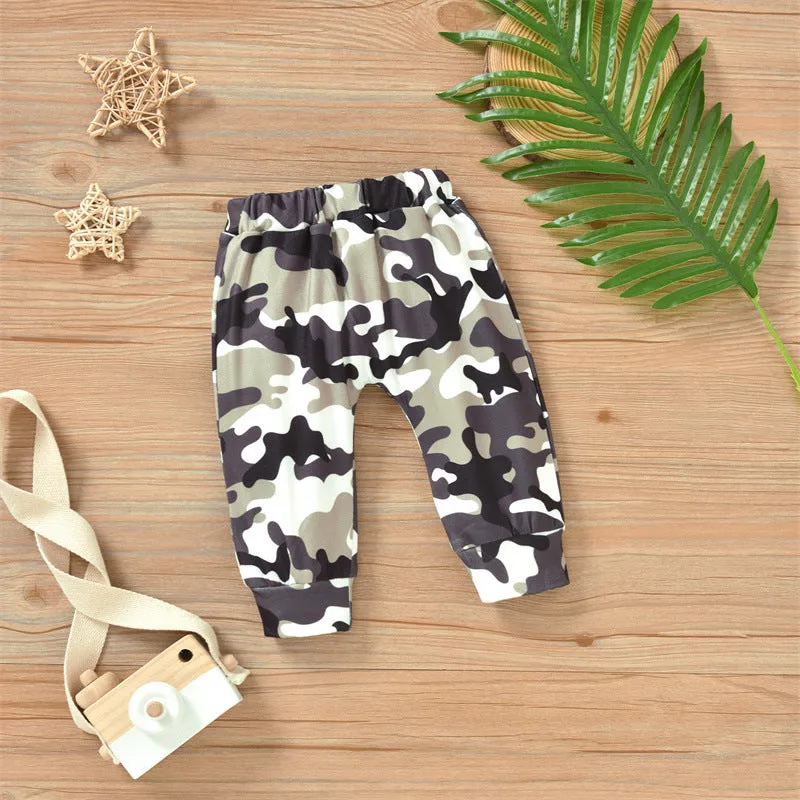 3 Pieces Set Baby Boys Letters Print Rompers Camo Pants And Hats