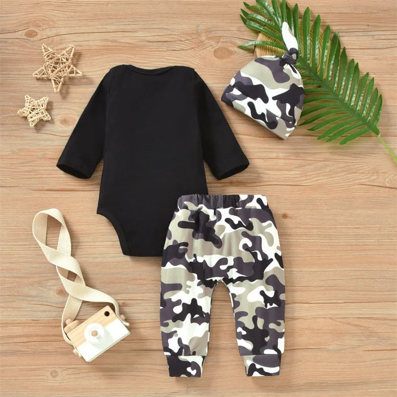 3 Pieces Set Baby Boys Letters Print Rompers Camo Pants And Hats