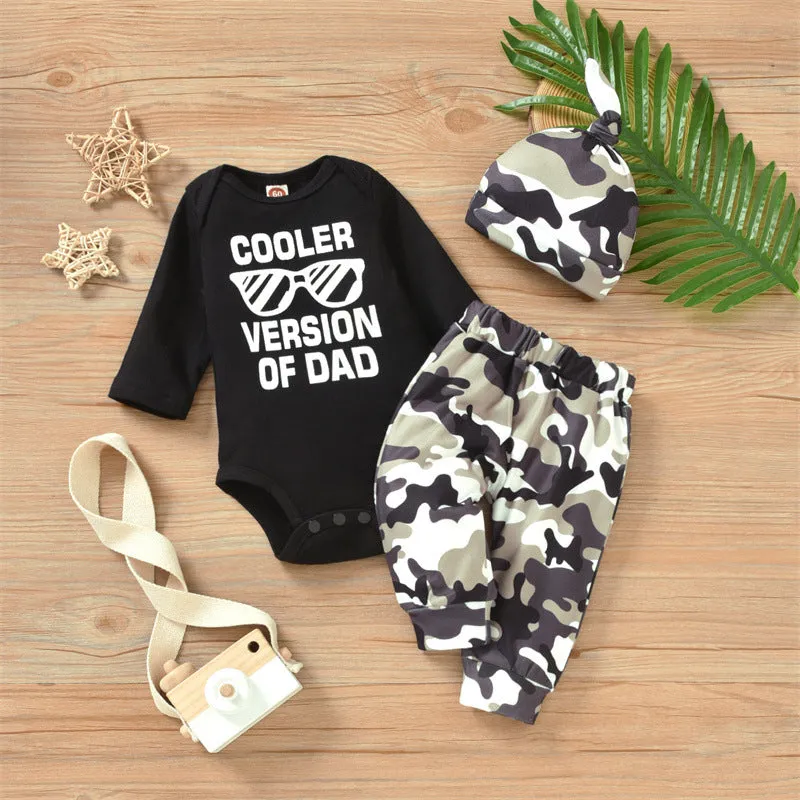 3 Pieces Set Baby Boys Letters Print Rompers Camo Pants And Hats