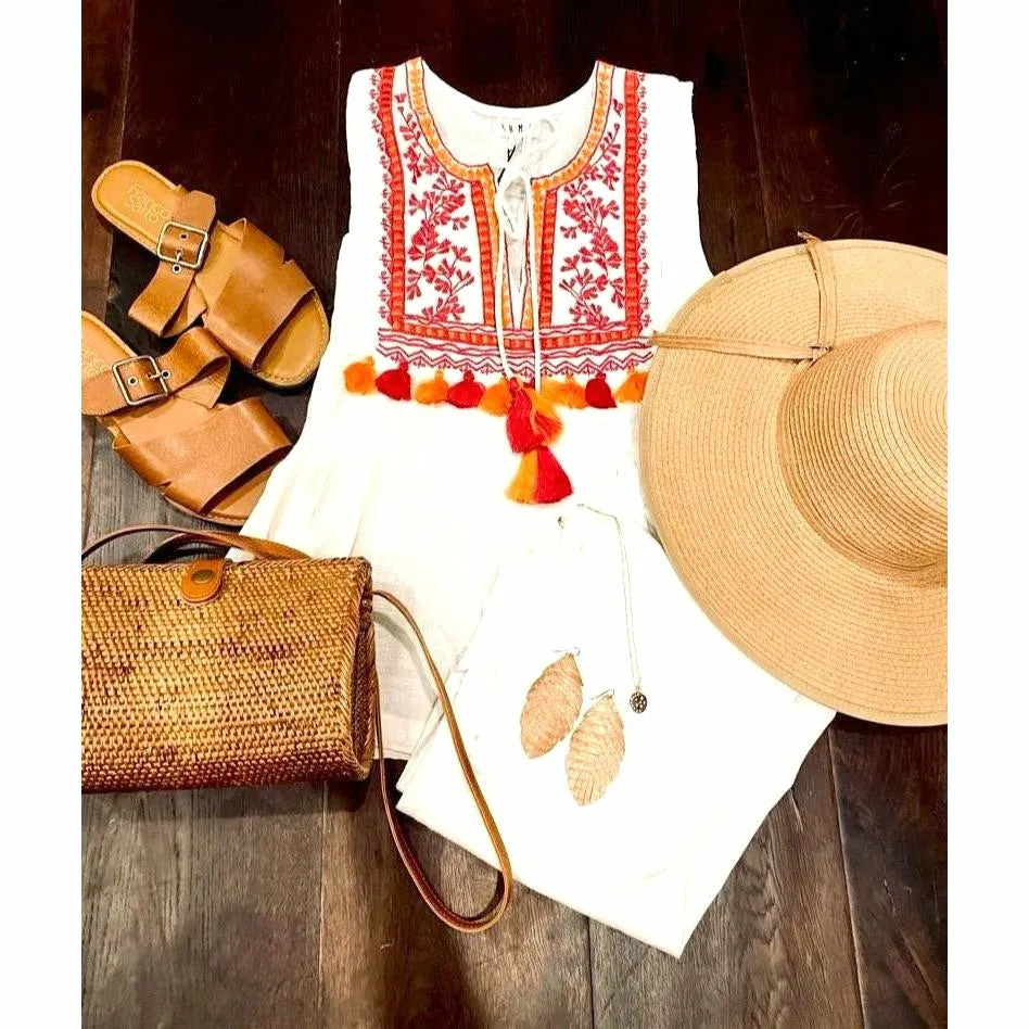 Adora THML Sleeveless Tassel White Embroidered Top-SALE