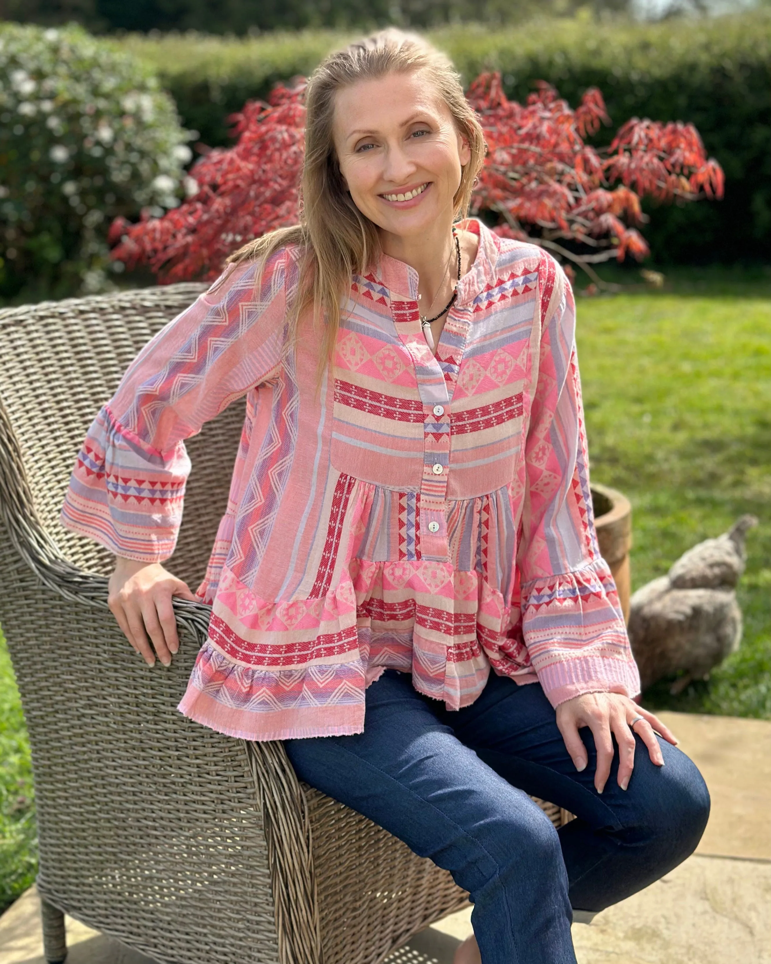 Aztec Print Tunic Top - Pinks, Grey And Cream