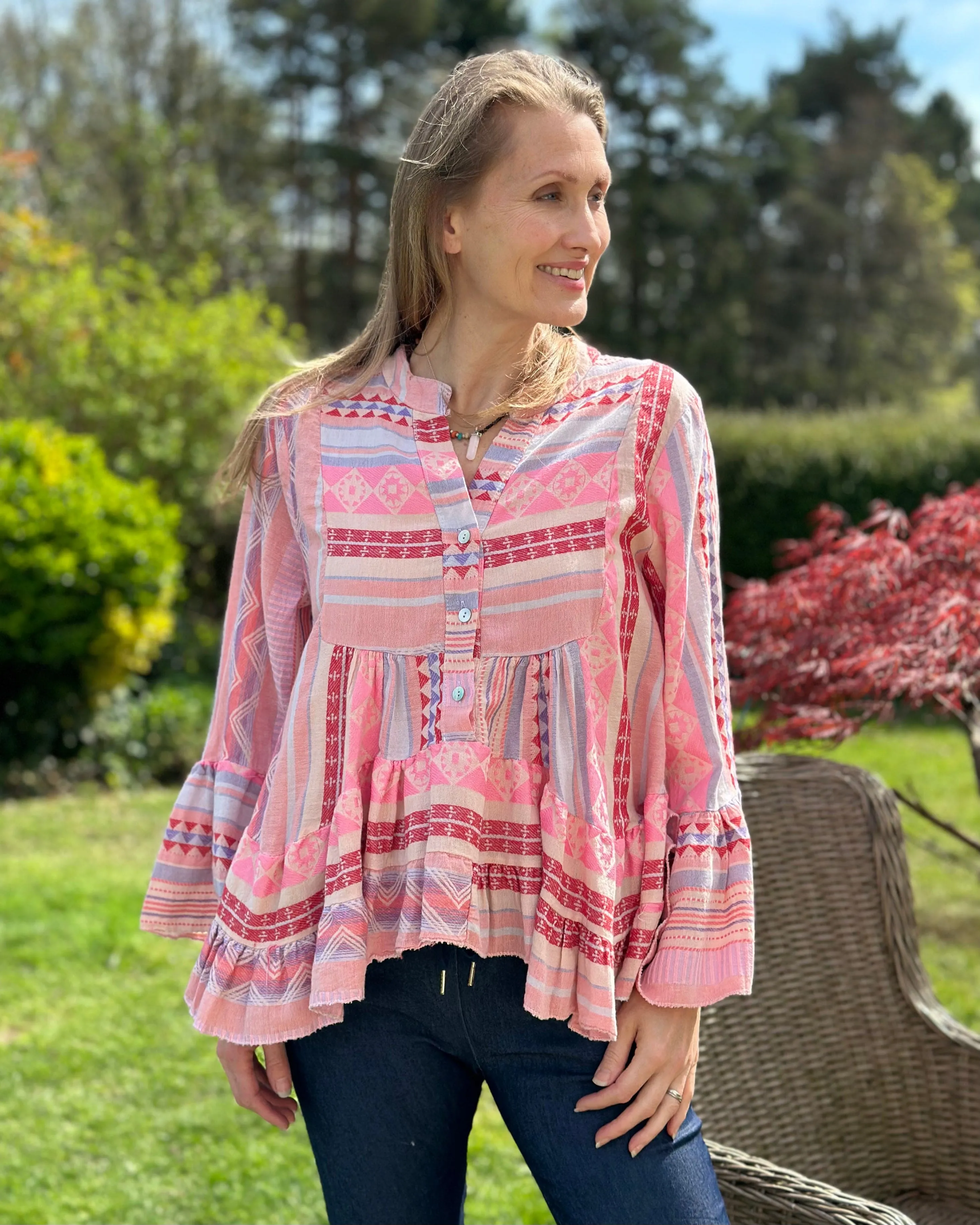 Aztec Print Tunic Top - Pinks, Grey And Cream