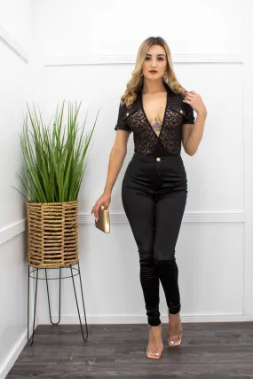 Black Deep V Neck Skinny Pant Set