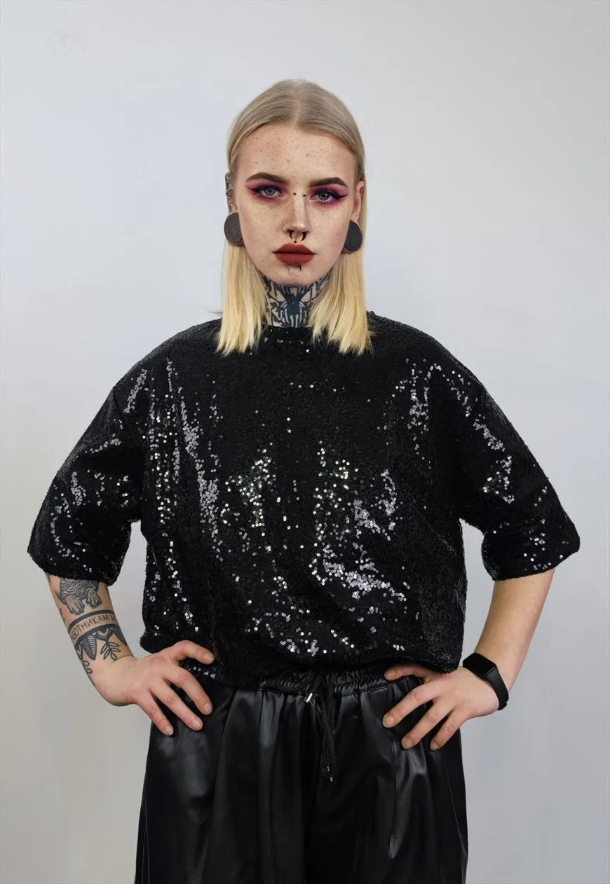 Black sequin t-shirt glitter top sparkle geometric jumper