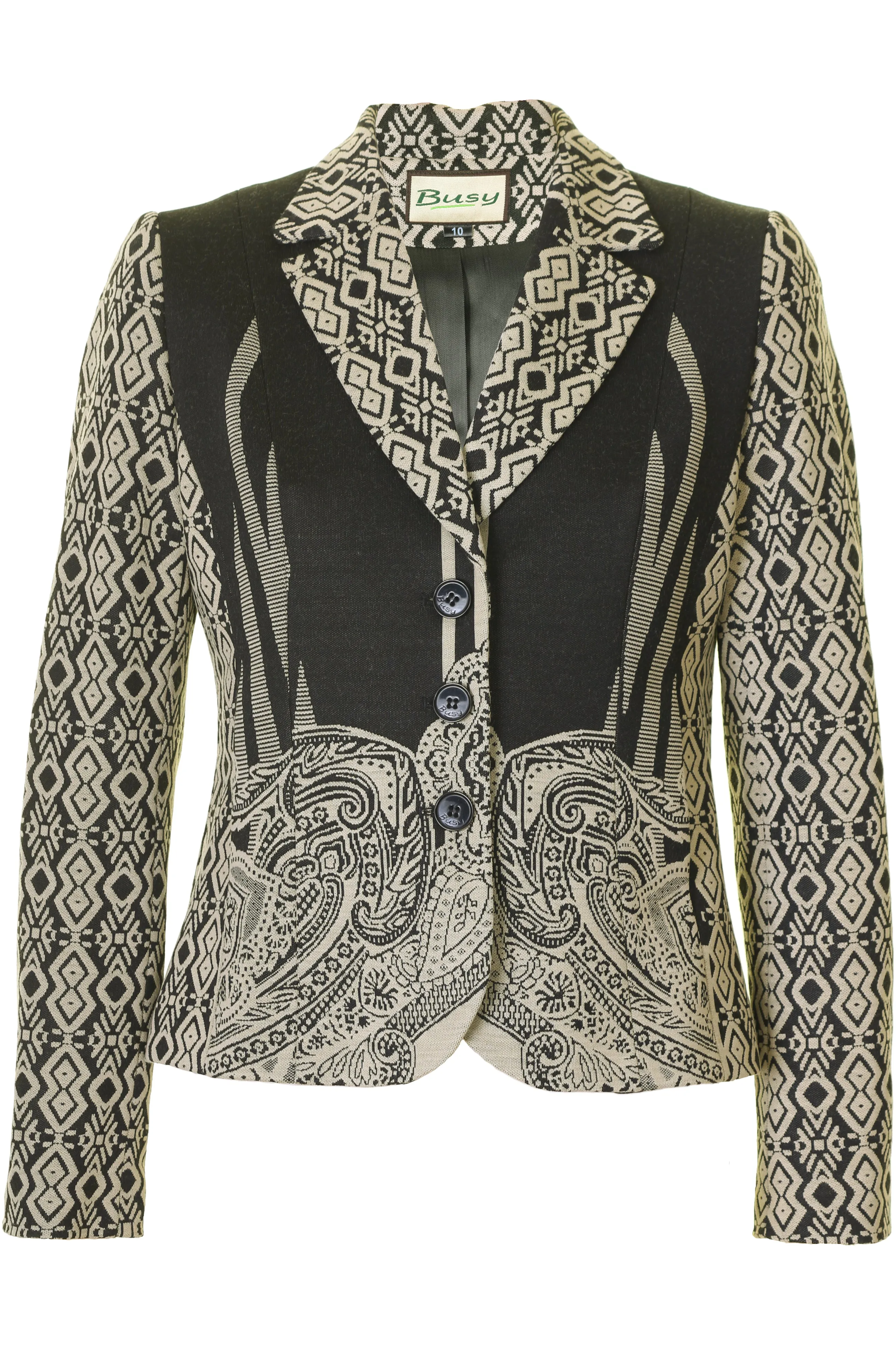 Busy Clothing Women Beige and Black Pattern Jacket Blazer