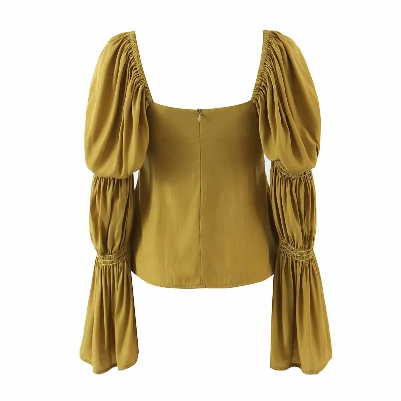 Flare Sleeve Folds Square Collar Split Blouse