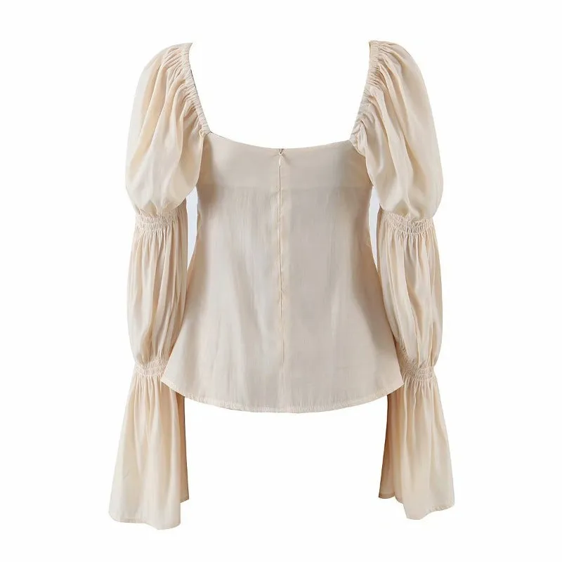 Flare Sleeve Folds Square Collar Split Blouse