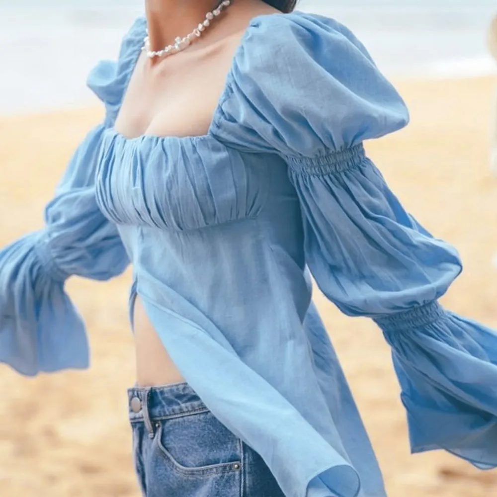 Flare Sleeve Folds Square Collar Split Blouse