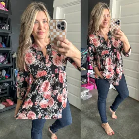 Gabby Neckline Babydoll Blouse In Black & Pink Florals