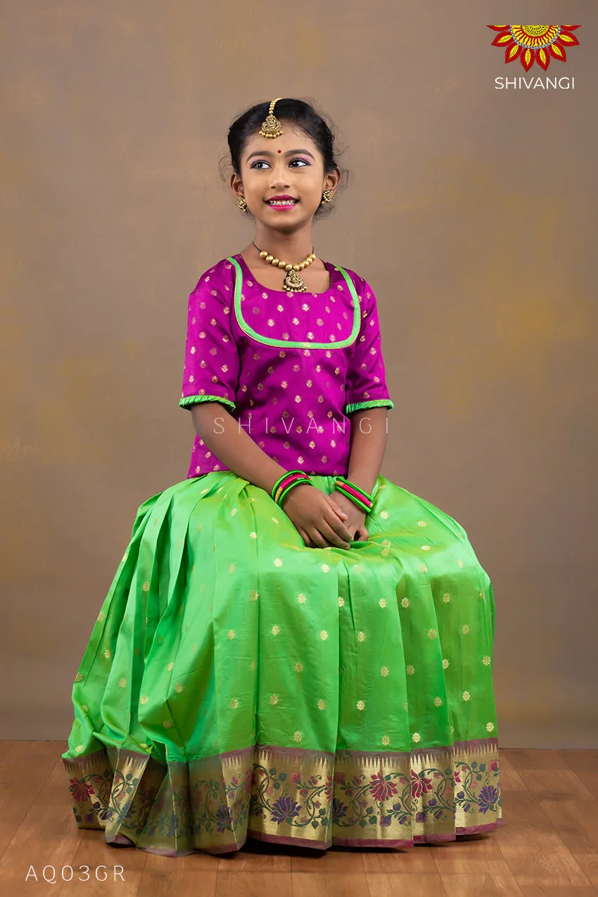 Girls Green Silk Paithani Pattu Pavadai