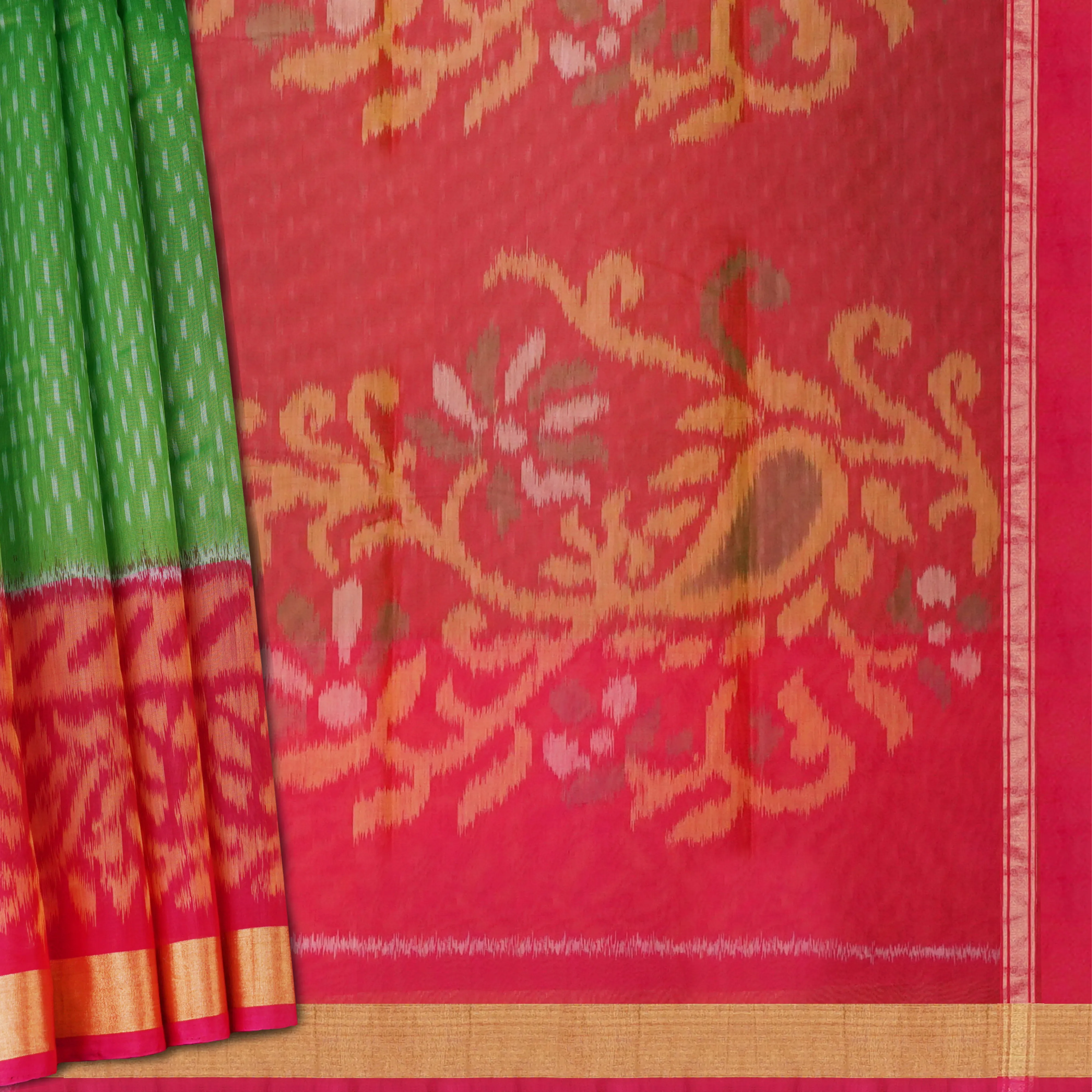 Handwoven Green with Pink Silk Cotton Saree - 1703T007854DSC