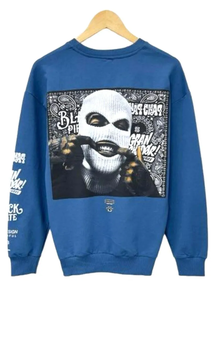 Men's Blue Mask Print Graphic Sweatshirt Long Sleeves