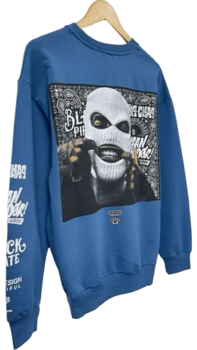 Men's Blue Mask Print Graphic Sweatshirt Long Sleeves