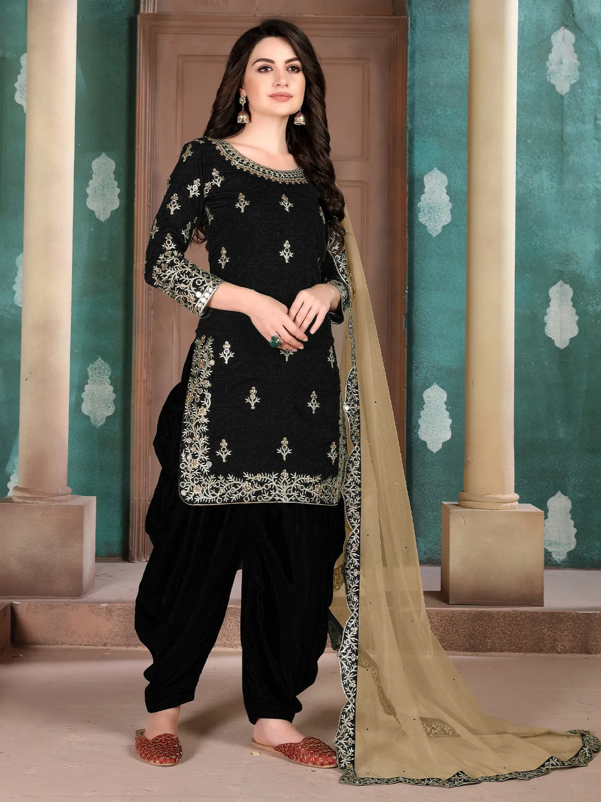 Odette Black Art Silk Embroidered Semi stitched Kurta Set with Inner For Women