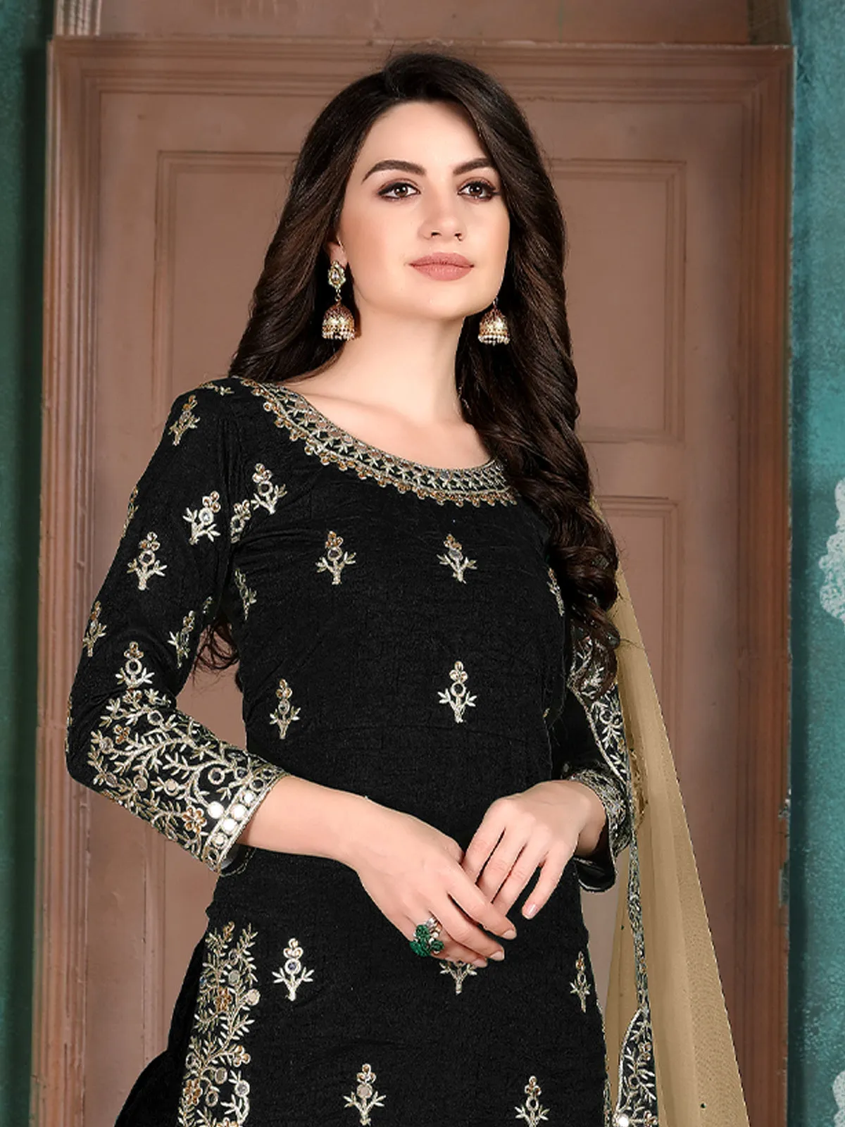 Odette Black Art Silk Embroidered Semi stitched Kurta Set with Inner For Women