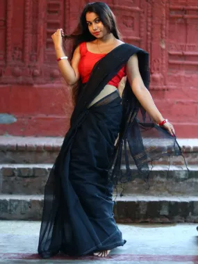 Odette Black Cotton  Saree  With Unstitched Blouse for Women