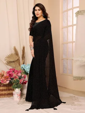 Odette Black Satin Chiffon Embellished Saree With Unstitched Blouse For Women