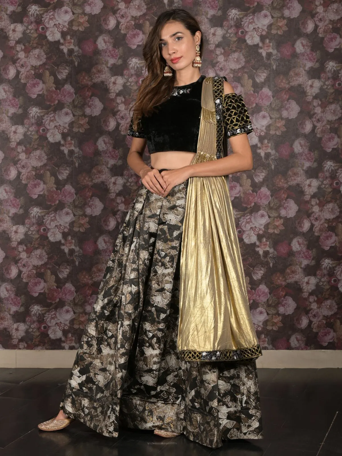 Odette Black Woven Semi Stitched Lehenga Set With Dupatta And Stitched Blouse For Women