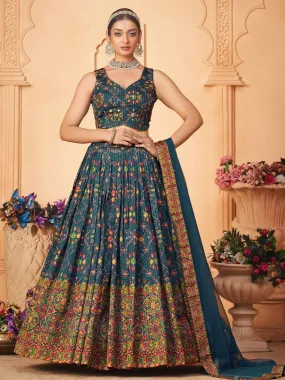 Odette Blue Chinon Printed Stitched Lehenga for Women