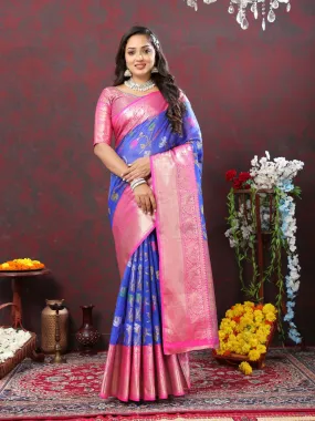 Odette Blue Cotton Blend Woven Saree with Unstitched Blouse for Women