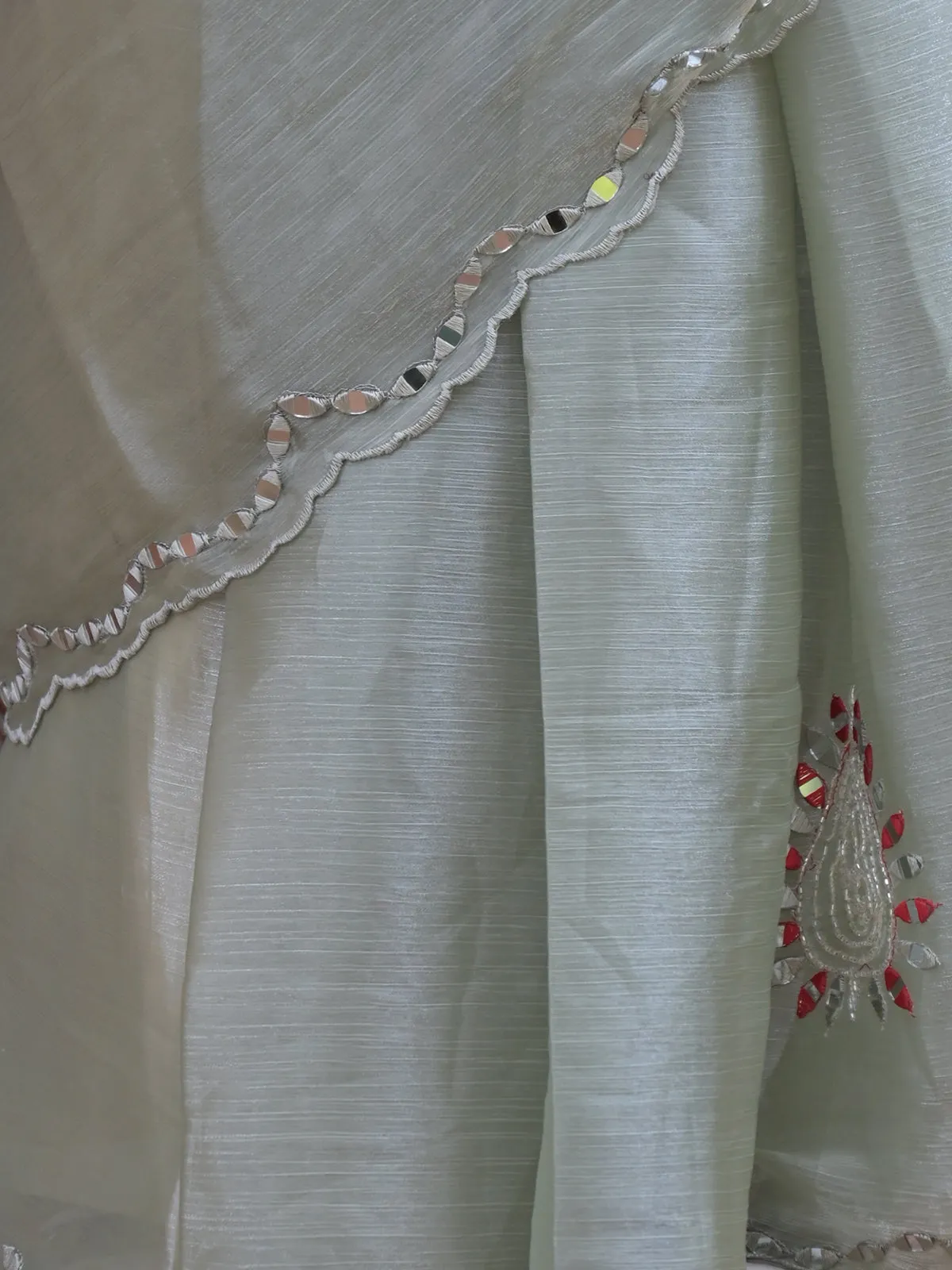 Odette Light Green Mirror Work Embroidered Jimmy Choo Saree with Unstitched Blouse for Women