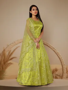 Odette Lime Green Net  Embroidered Stitched Gown  for Women