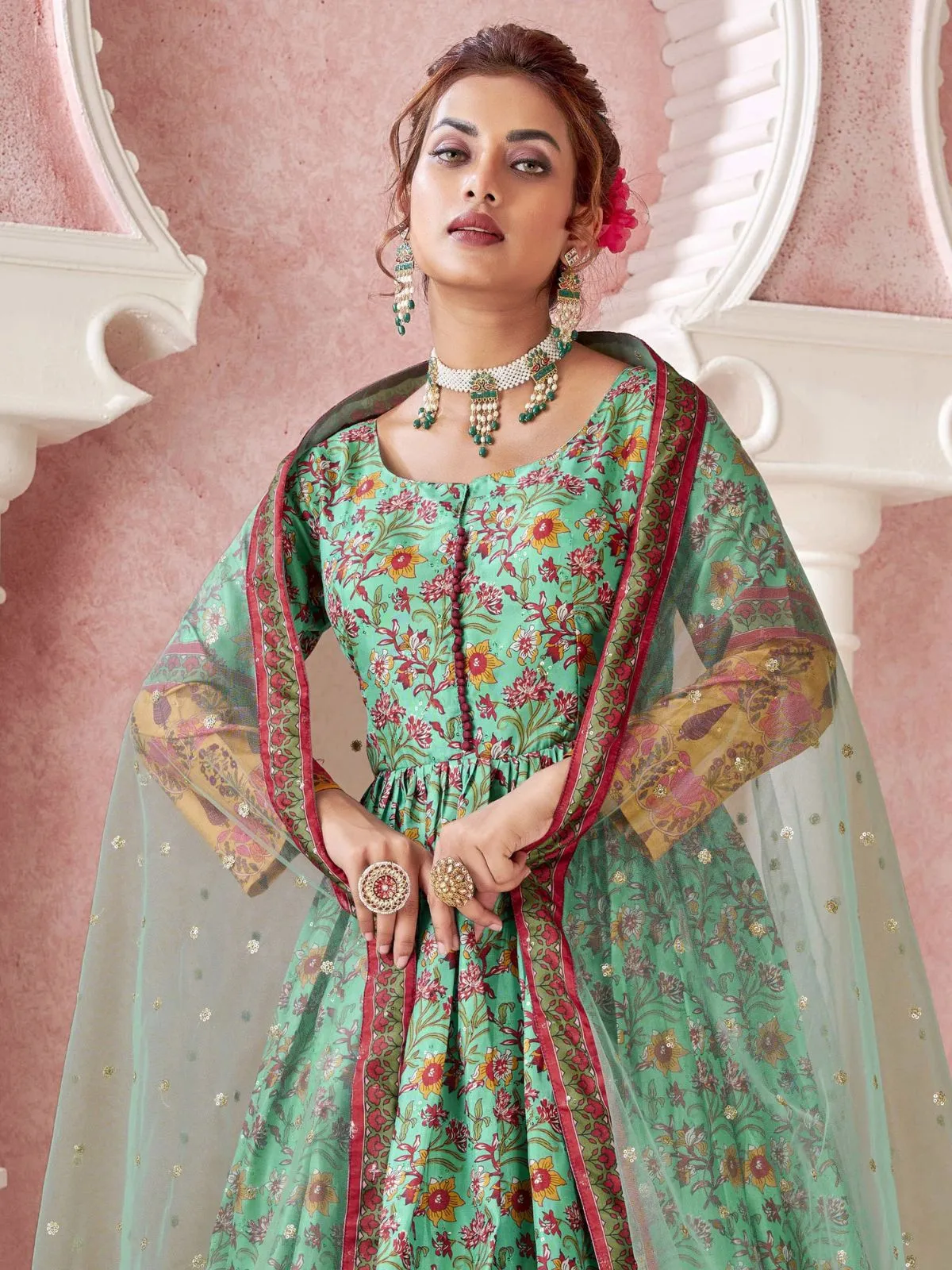 Odette Sea Green Silk Blend Printed Gown with Dupatta For Women