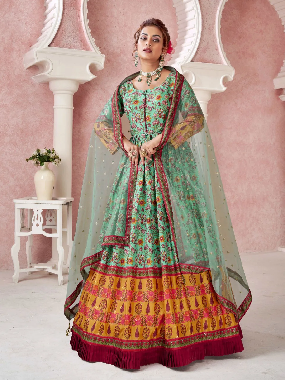 Odette Sea Green Silk Blend Printed Gown with Dupatta For Women