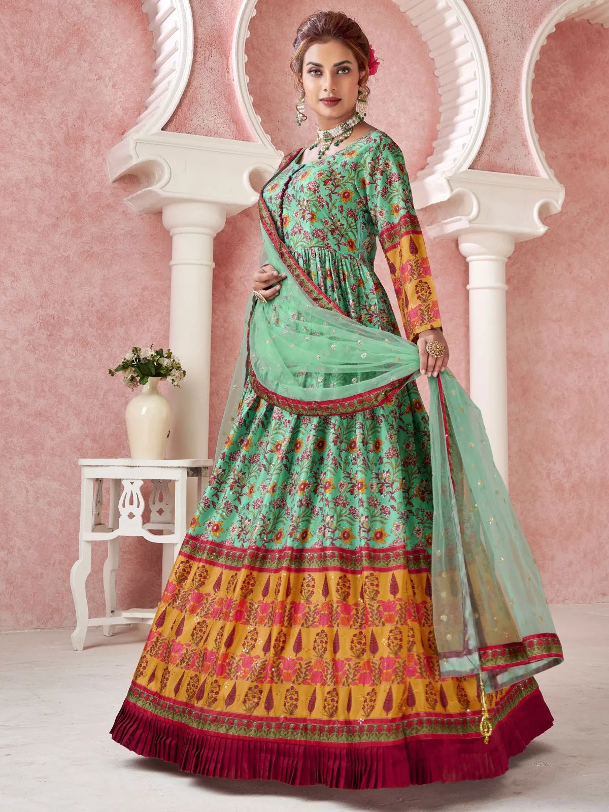 Odette Sea Green Silk Blend Printed Gown with Dupatta For Women