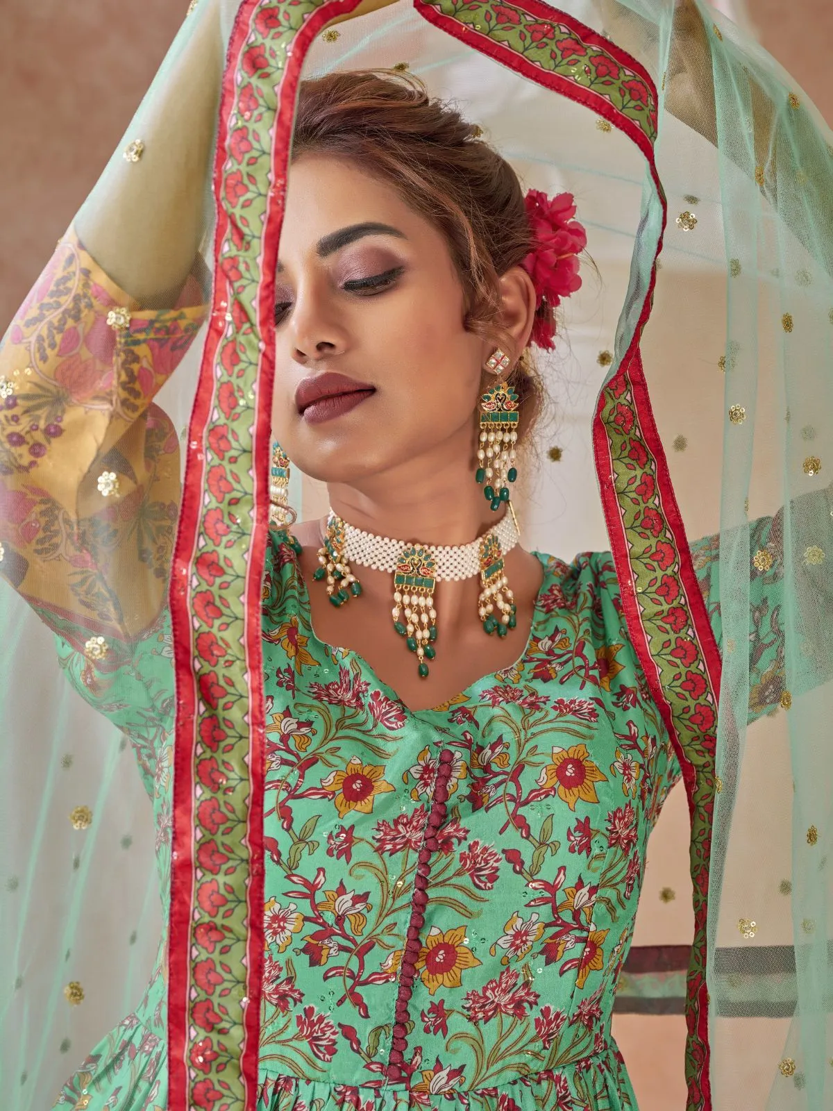 Odette Sea Green Silk Blend Printed Gown with Dupatta For Women