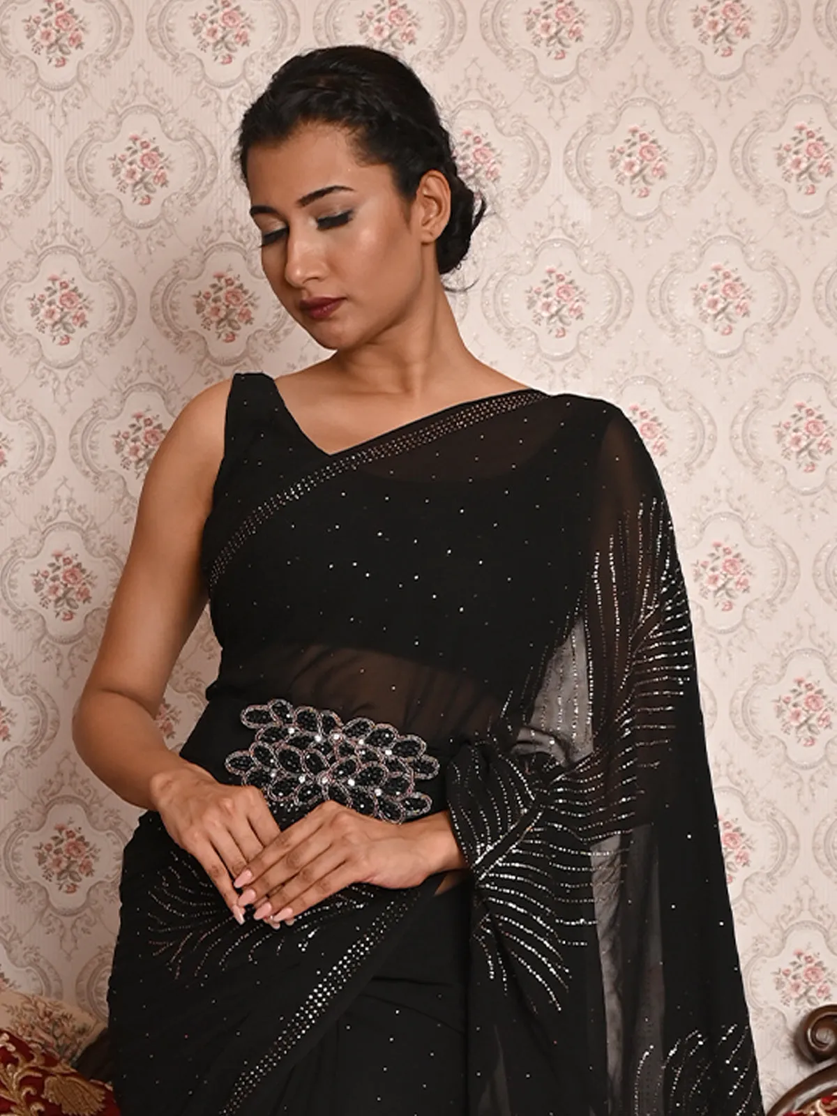 Odette Women Black Georgette Golden Mukaish Work Saree With Unstitched Blouse