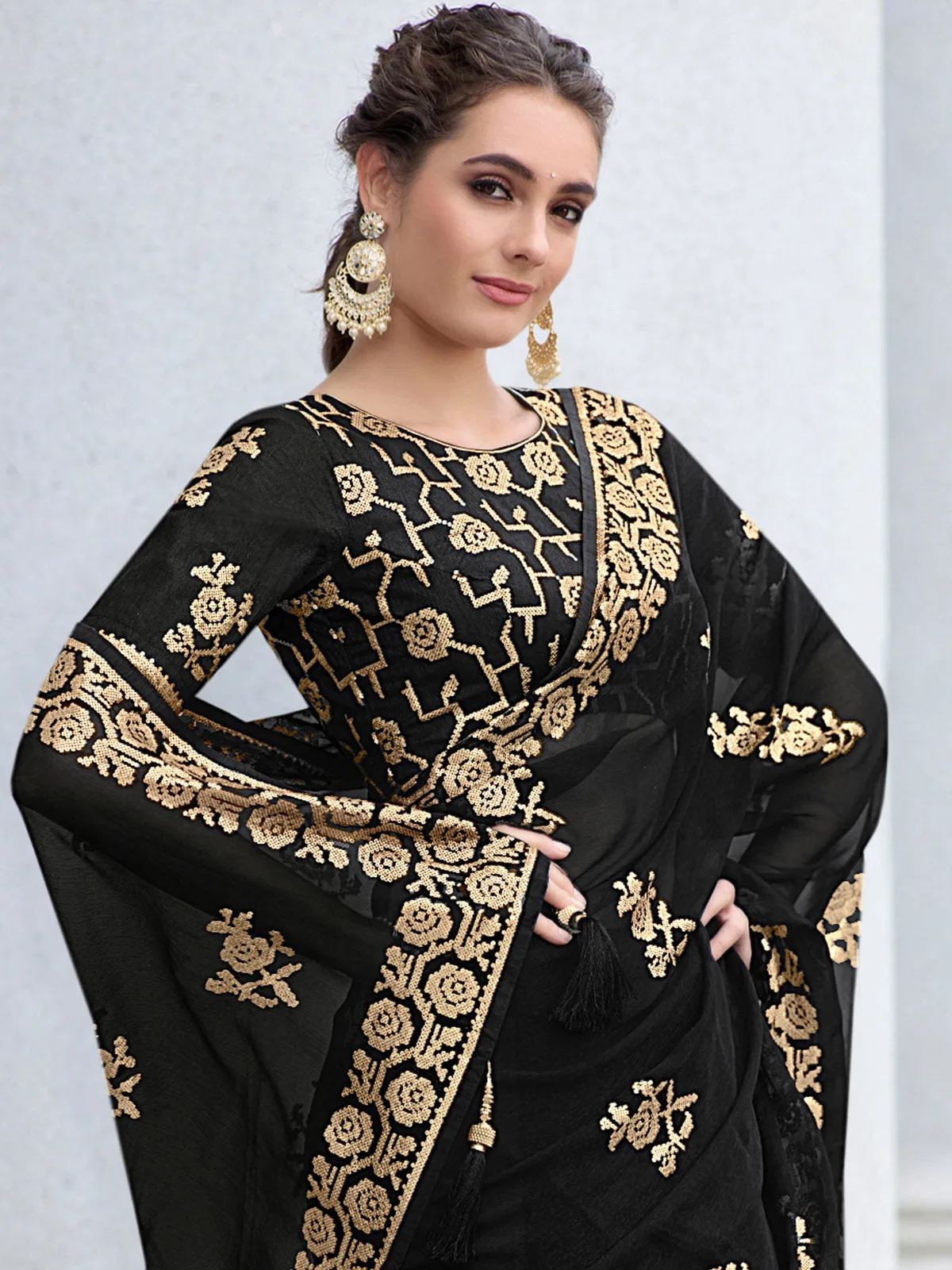 Odette Women Black Shimmer Sequins Embroidery Saree With Unstitched Blouse