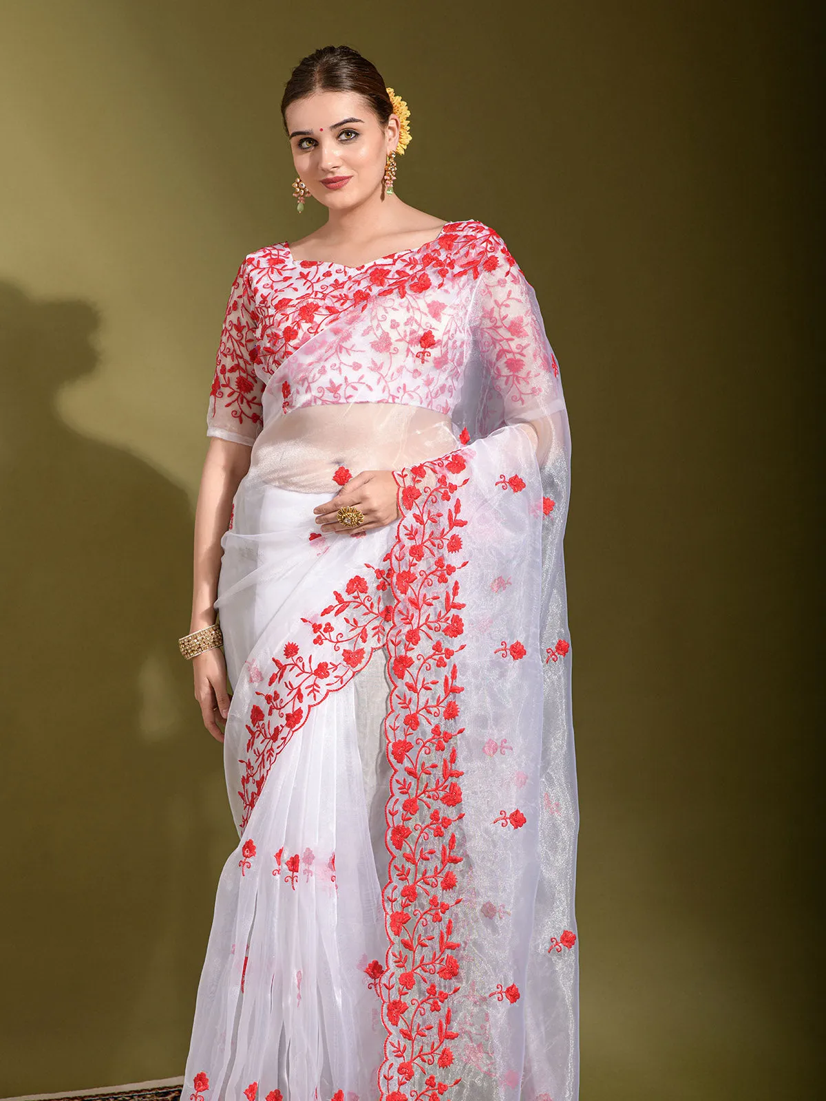 Odette Women White Organza Designer Saree With Unstitched Blouse