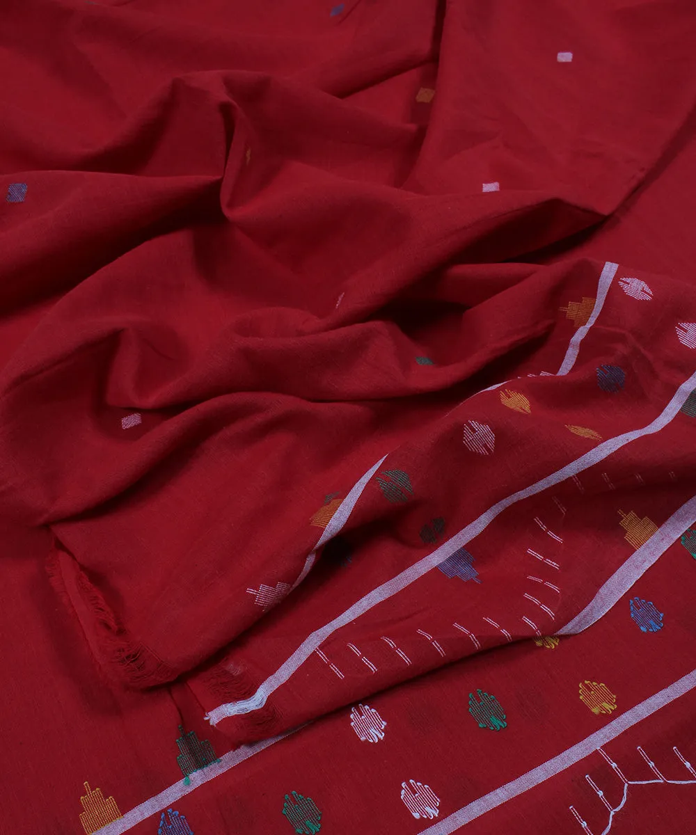 Red handwoven jamdani cotton bordered fabric