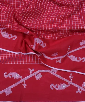 Red handwoven jamdani cotton check bordered fabric